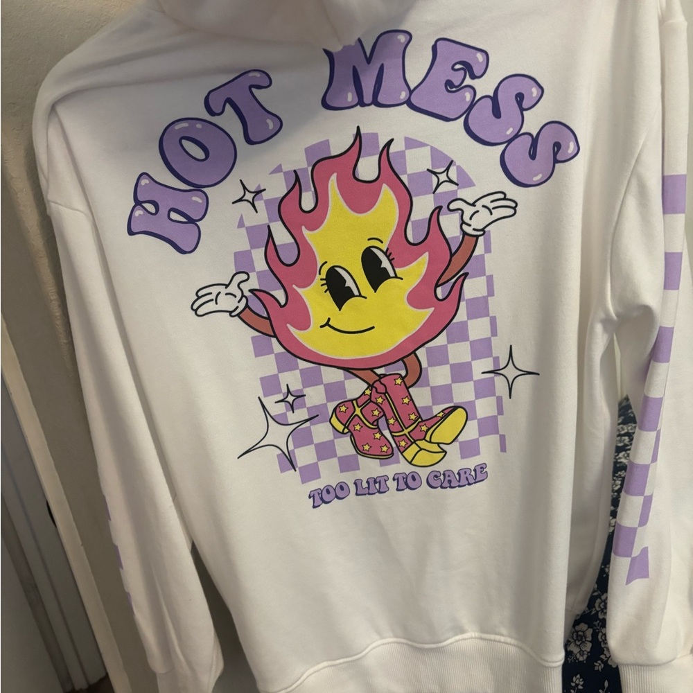 White Hoodie with Colorful Flame Character Graphic